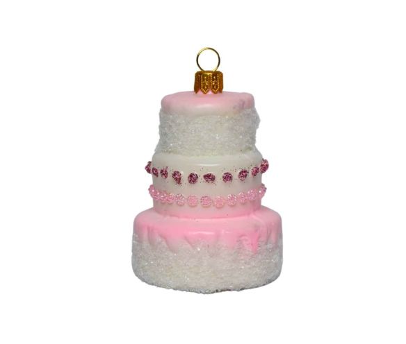 Suspension Noël verre soufflé gâteau trois étages rose blanc glacé paillettes blanches bordures roses perlées capuchon doré H9cm