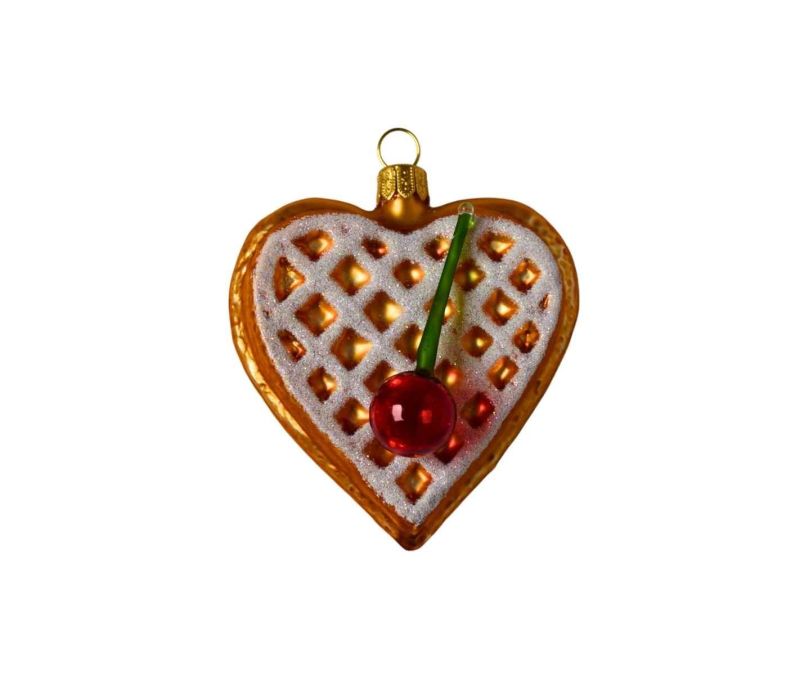 Suspension Noël verre soufflé gaufre cœur dorée quadrillage sucre glace blanc cerise rouge tige verte capuchon doré H9cm