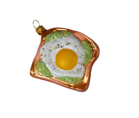 Suspension Noël verre soufflé toast doré garni avocat vert œuf au plat blanc jaune poivre capuchon doré H9cm