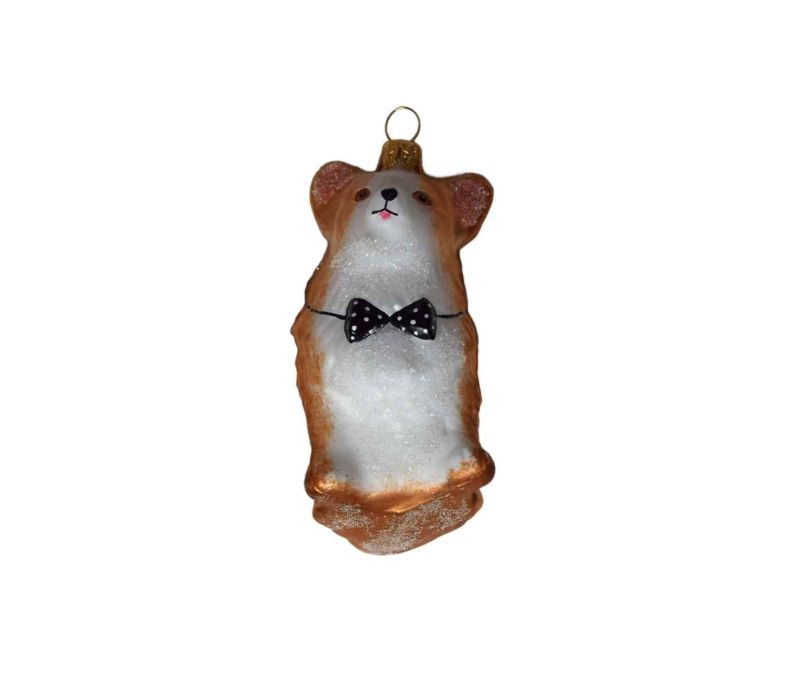 Suspension Noël verre soufflé Corgi debout brun roux poitrine blanche pailletée nœud papillon noir à pois blancs H9cm