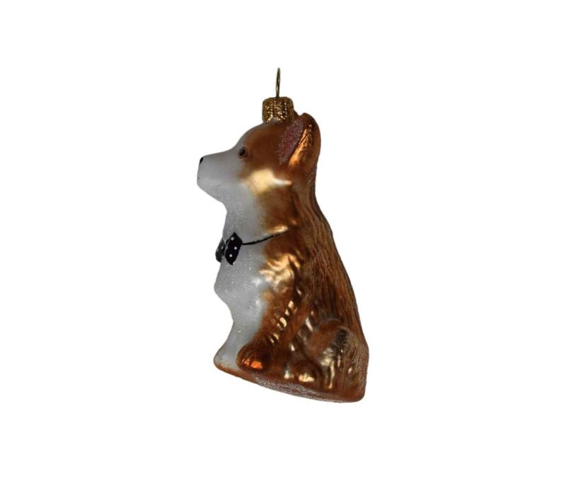 Suspension Noël verre soufflé Corgi debout brun roux poitrine blanche pailletée nœud papillon noir à pois blancs H9cm
