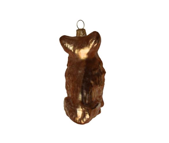 Suspension Noël verre soufflé Corgi debout brun roux poitrine blanche pailletée nœud papillon noir à pois blancs H9cm