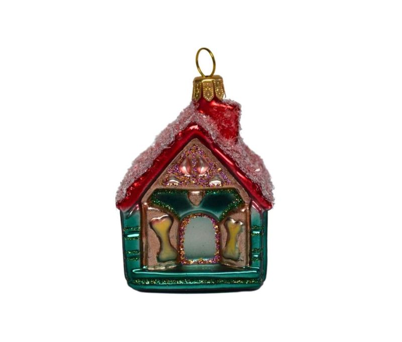 Suspension Noël verre soufflé niche chien vert toit rouge enneigé blanc façade os pailletés capuchon doré H8cm