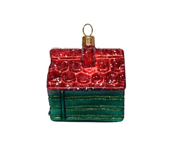Suspension Noël verre soufflé niche chien vert toit rouge enneigé blanc façade os pailletés capuchon doré H8cm