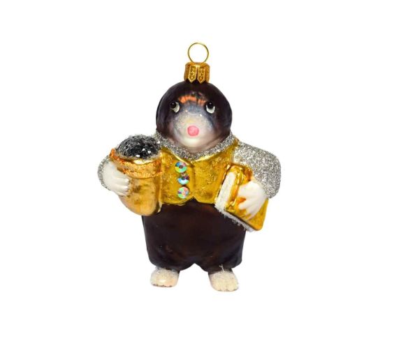 Suspension Noël verre soufflé taupe debout brun foncé veste dorée pailletée doré H10cm