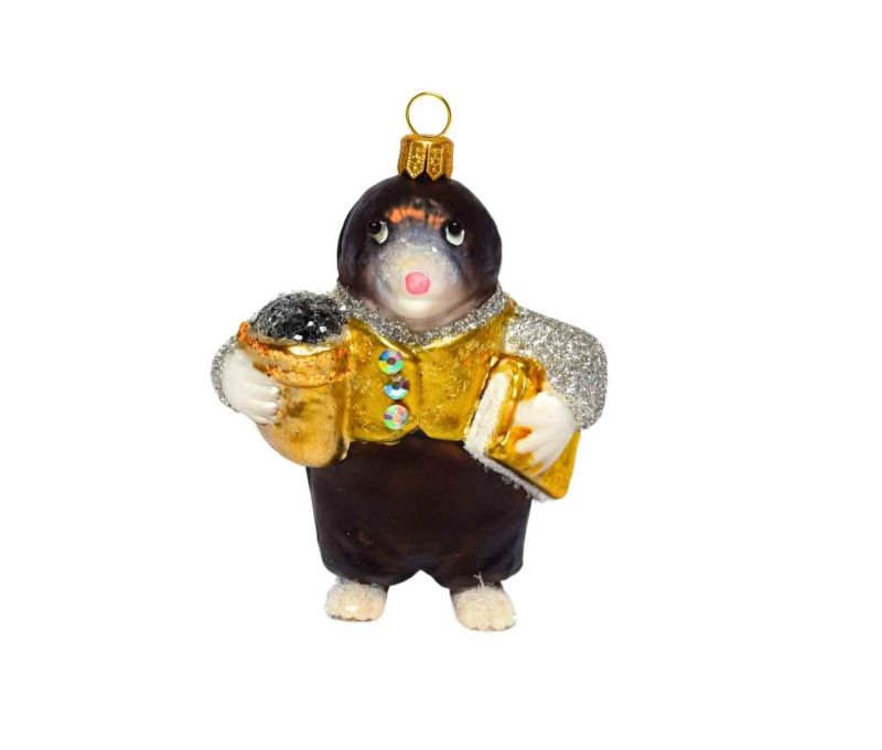 Suspension Noël verre soufflé taupe debout brun foncé veste dorée pailletée doré H10cm