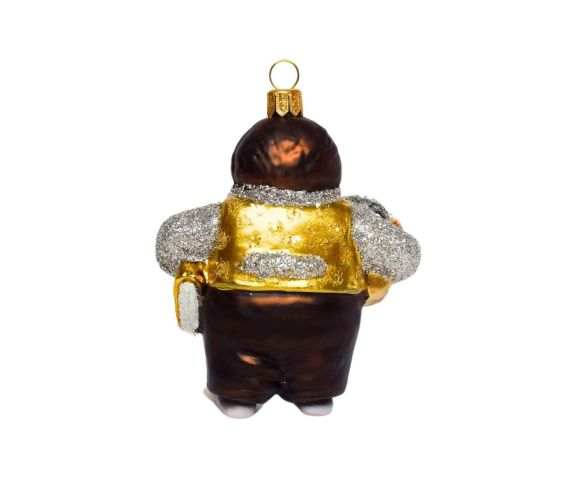 Suspension Noël verre soufflé taupe debout brun foncé veste dorée pailletée doré H10cm