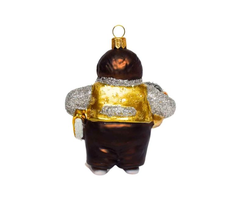 Suspension Noël verre soufflé taupe debout brun foncé veste dorée pailletée doré H10cm