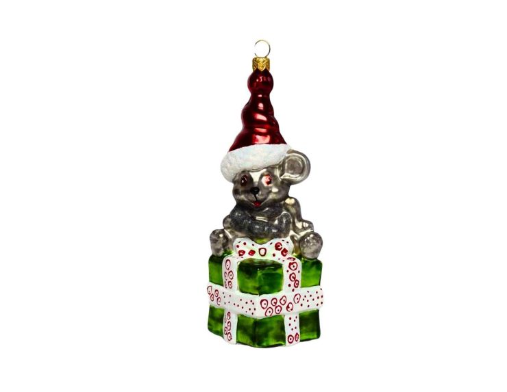 Suspension souris de Noël sur cadeau H 15 cm