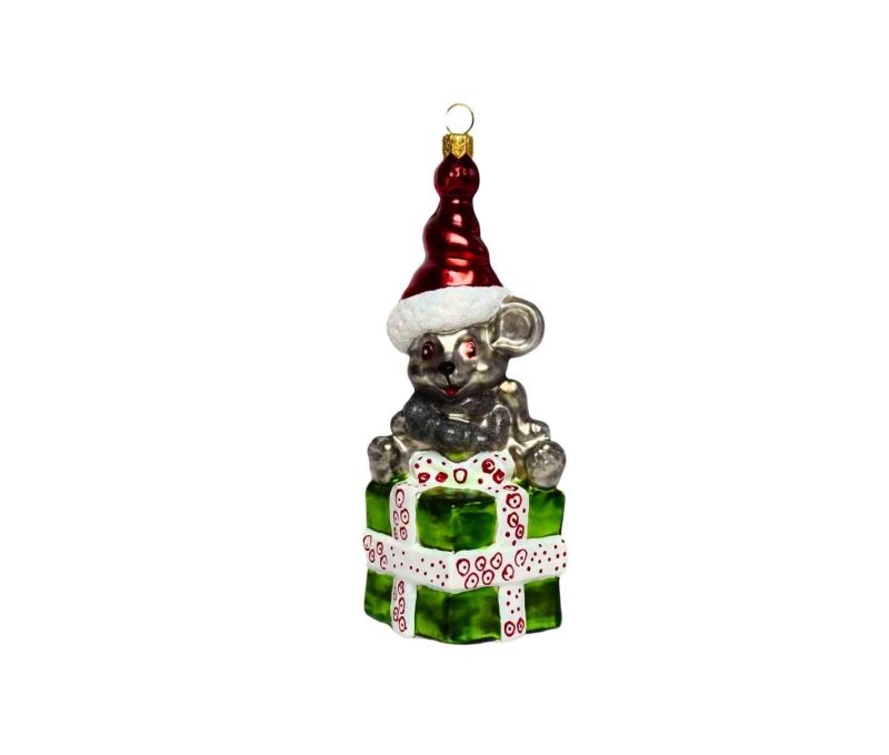 Suspension Noël verre soufflé souris argentée bonnet rouge bordure blanche H15cm