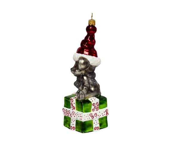 Suspension Noël verre soufflé souris argentée bonnet rouge bordure blanche H15cm