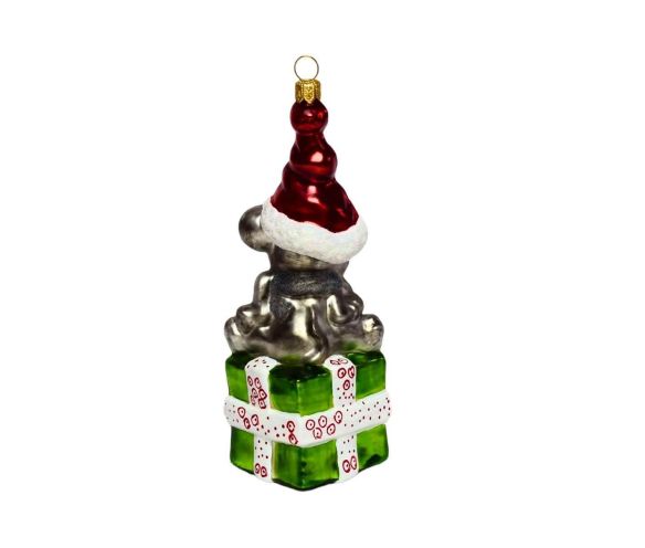 Suspension Noël verre soufflé souris argentée bonnet rouge bordure blanche H15cm