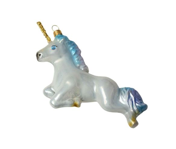 Suspension licorne blanche irisée H 18 cm verre soufflé