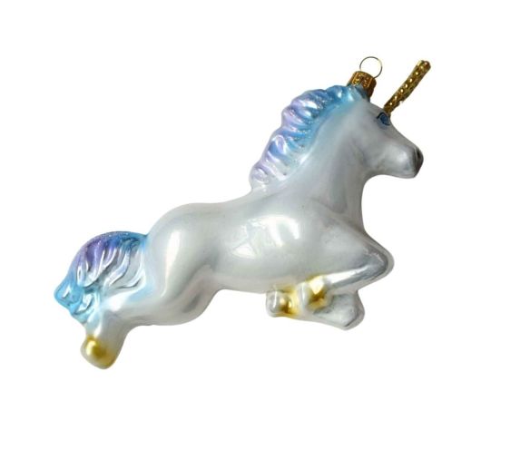 Suspension licorne blanche irisée H 18 cm verre soufflé