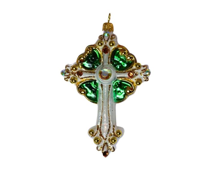 Suspension croix blanche verte H 12 cm