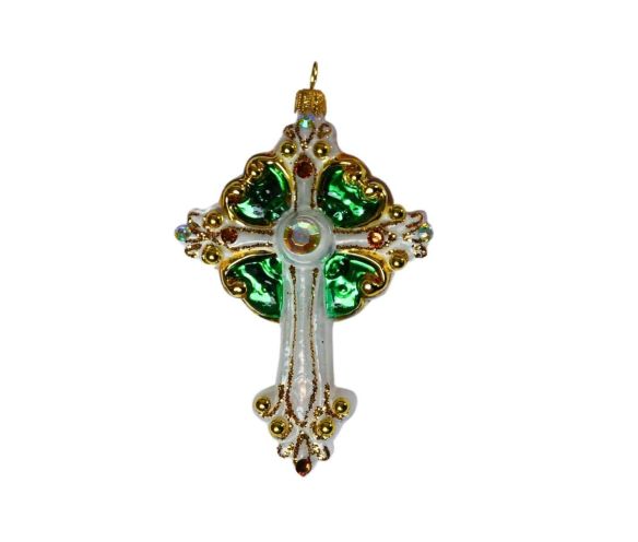 Suspension de Noël croix blanche nacrée médaillons verts perles dorées strass H12cm