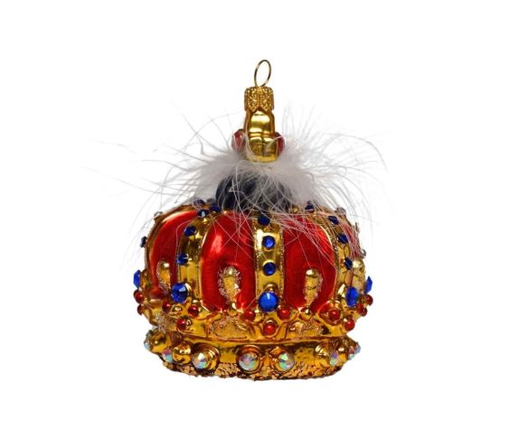 Suspension de Noël couronne royale rouge dorée strass bleus rouges col plumes blanches H11cm