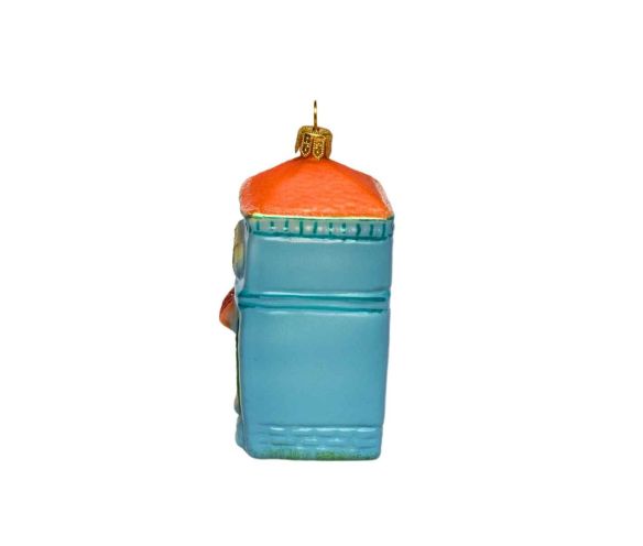 Suspension en forme de boutique de fleuriste, toit orange, façade bleue et vitrine fleurie. Verre soufflé, hauteur 10 cm.