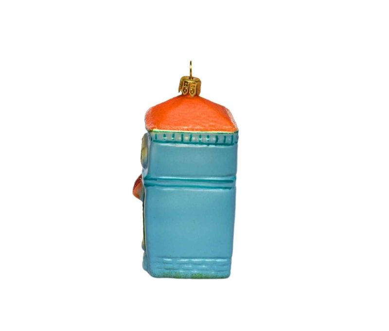 Suspension en forme de boutique de fleuriste, toit orange, façade bleue et vitrine fleurie. Verre soufflé, hauteur 10 cm.