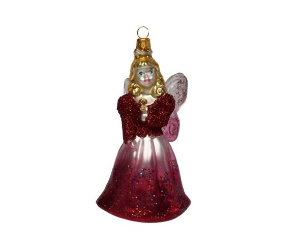 Suspension de Noël fée blonde boléro bordeaux paillettes jupe rose dégradée ailes nacrées H15cm