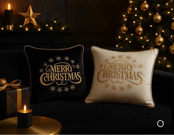 Coussin noir Merry Christmas doré 47x47 cm