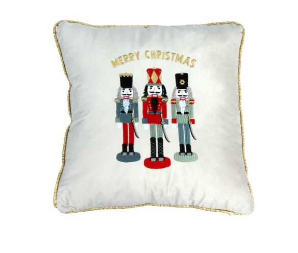 Coussin de Noël velours blanc trois casse-noisettes colorés brodés inscription Merry Christmas dorée liseré doré 47x47cm