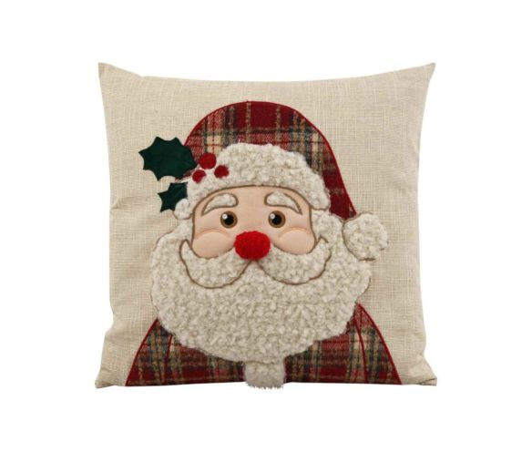 Coussin de Noël beige naturel visage Père Noël appliqué sherpa blanc bonnet tartan rouge houx nez rouge 45x45cm - Lilosquare