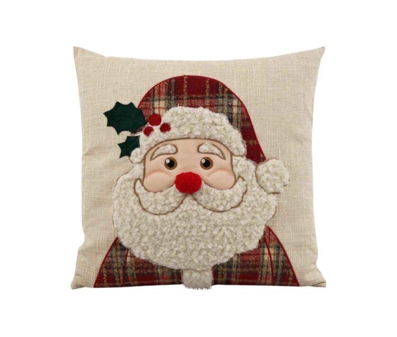 Coussin de Noël beige naturel visage Père Noël appliqué sherpa blanc bonnet tartan rouge houx nez rouge 45x45cm - Lilosquare