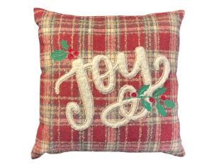 Coussin de Noël carré 45 x 45 cm en tissu tartan rouge et beige, brodé du mot "Joy" avec feuillage vert,
