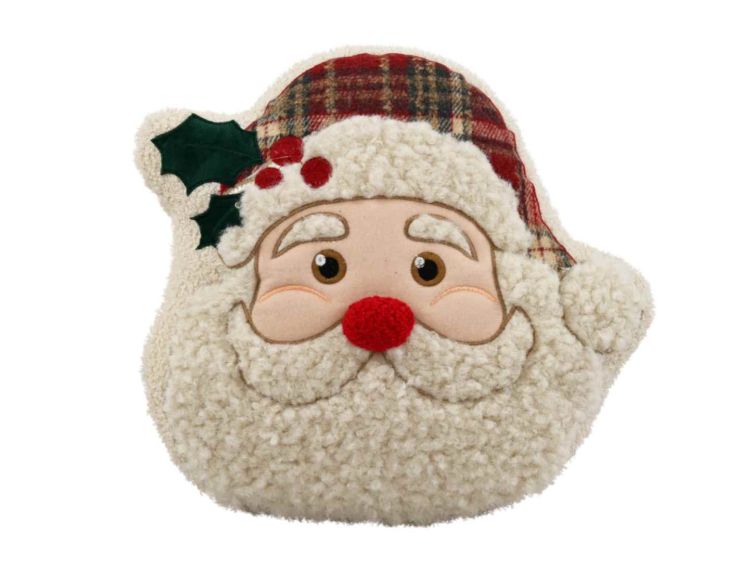 Coussin en forme de tête de Père Noël avec bonnet à carreaux,