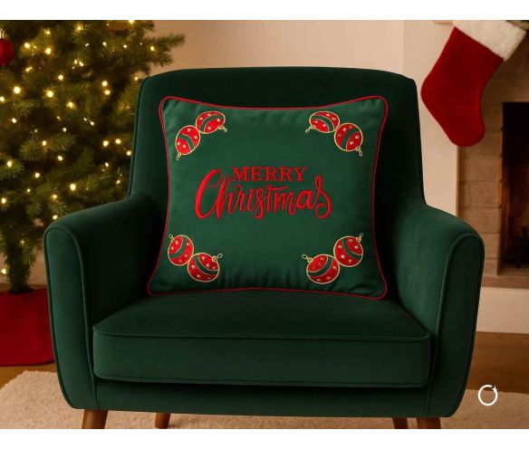 Coussin de Noël rectangulaire velours rouge broderie verte Merry Christmas boules rouge vert étoiles dorées liseré vert 45x60cm