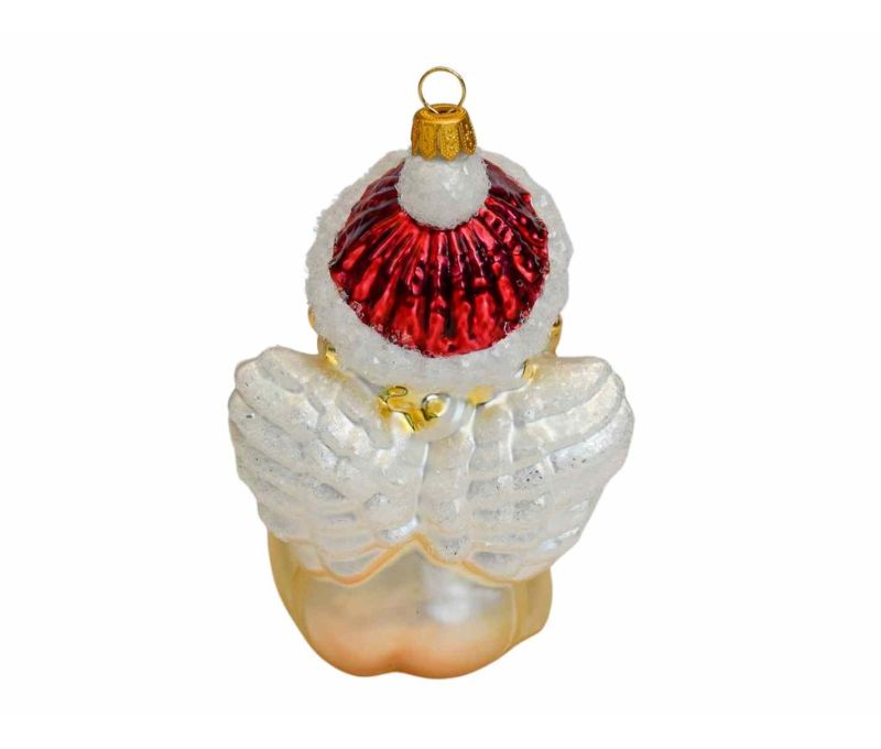 Suspension Noël verre soufflé ange nacré bonnet blanc cheveux dorés tenant couronne de Noël rouge et or H12cm - Lilosquare