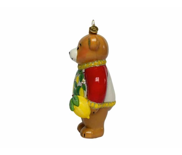 Suspension de Noël en verre soufflé représentant un ourson italien avec finition luxe façon porcelaine. Hauteur : 18 cm.