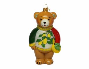 Suspension de Noël en verre soufflé représentant un ourson italien avec finition luxe façon porcelaine. Hauteur : 18 cm.