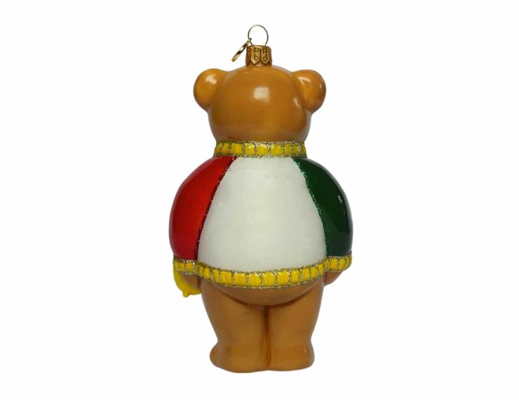 Suspension de Noël en verre soufflé représentant un ourson italien avec finition luxe façon porcelaine. Hauteur : 18 cm.