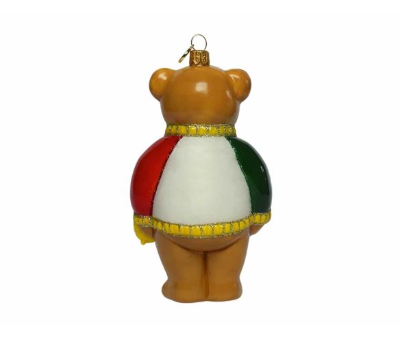 Suspension de Noël en verre soufflé représentant un ourson italien avec finition luxe façon porcelaine. Hauteur : 18 cm.