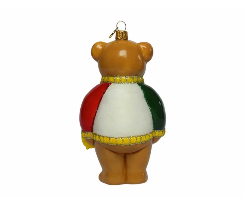 Suspension de Noël en verre soufflé représentant un ourson italien avec finition luxe façon porcelaine. Hauteur : 18 cm.