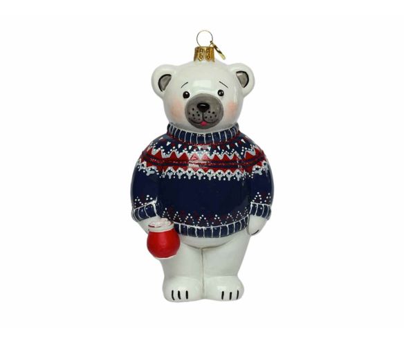 Suspension Noël ours polaire pull jacquard bleu marine motifs nordiques tasse chocolat verre soufflé brillant H18cm - Lilosquare