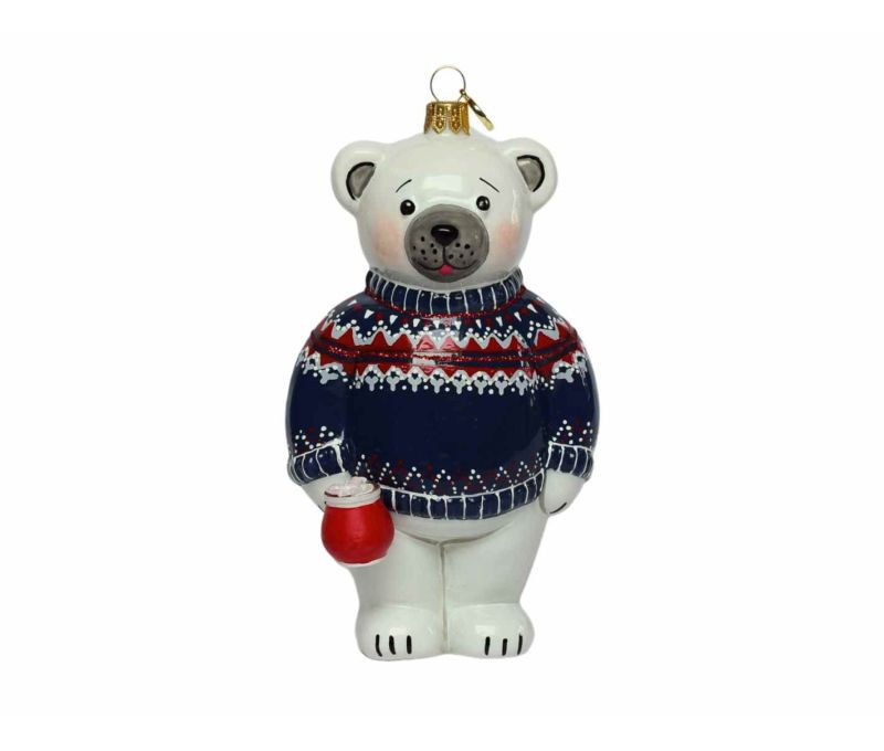 Suspension Noël ours polaire pull jacquard bleu marine motifs nordiques tasse chocolat verre soufflé brillant H18cm - Lilosquare
