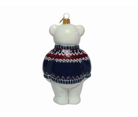 Suspension Noël ours polaire pull jacquard bleu marine motifs nordiques tasse chocolat verre soufflé brillant H18cm vue arrière