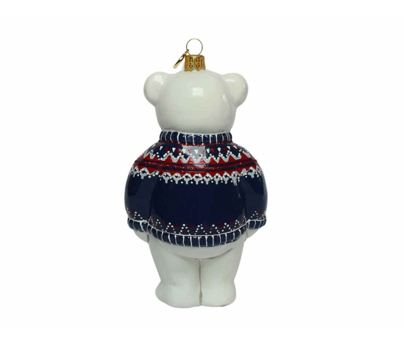 Suspension Noël ours polaire pull jacquard bleu marine motifs nordiques tasse chocolat verre soufflé brillant H18cm vue arrière