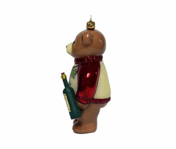 Suspension Noël ourson vigneron verre soufflé bouteille vin pull bordeaux raisins H18cm - Lilosquare