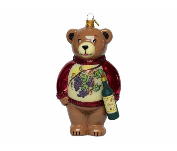 Suspension Noël ourson vigneron verre soufflé bouteille vin pull bordeaux raisins H18cm - Lilosquare