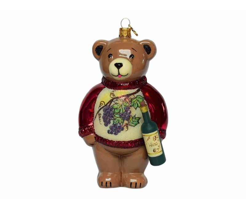 Suspension Noël ourson vigneron verre soufflé bouteille vin pull bordeaux raisins H18cm - Lilosquare