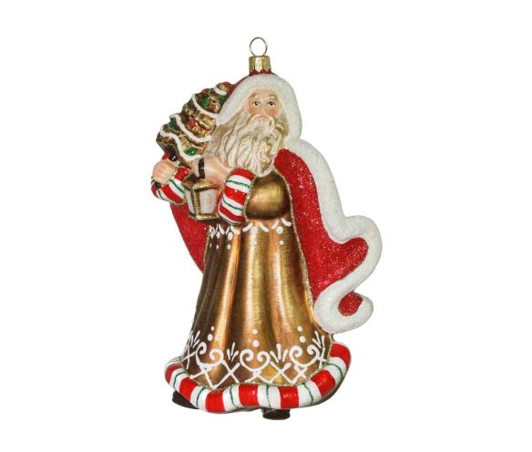 Suspension Père Noël verre soufflé peint main pain d'épices manteau rouge doré lanterne sapin H20cm - Lilosquare