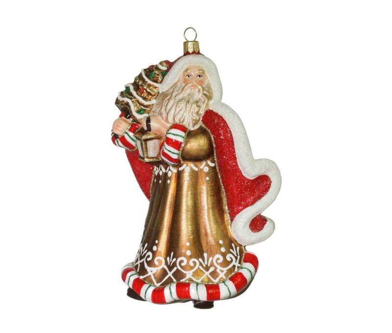 Suspension Père Noël verre soufflé peint main pain d'épices manteau rouge doré lanterne sapin H20cm - Lilosquare
