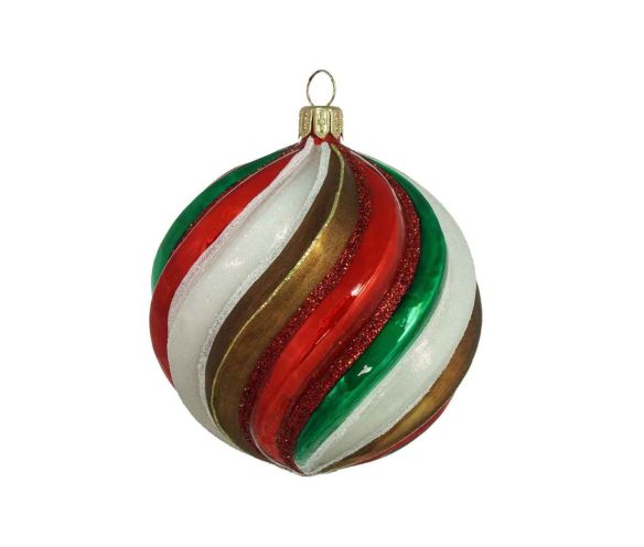 Boule Noël verre soufflé brillant spirale rouge vert blanc or bandes pailletées Ø10cm - Lilosquare
