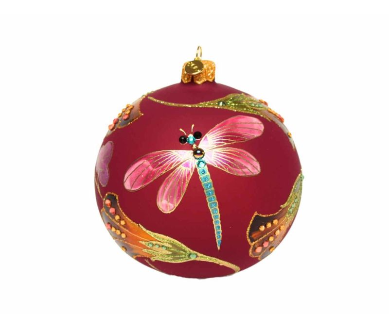 Boule Noël verre soufflé bordeaux libellule rose cristaux Preciosa fleurs orangées peinte main Ø12cm - Lilosquare