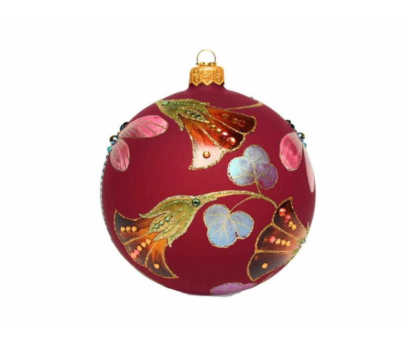 Boule Noël verre soufflé bordeaux libellule rose cristaux Preciosa fleurs orangées peinte main Ø12cm - Lilosquare