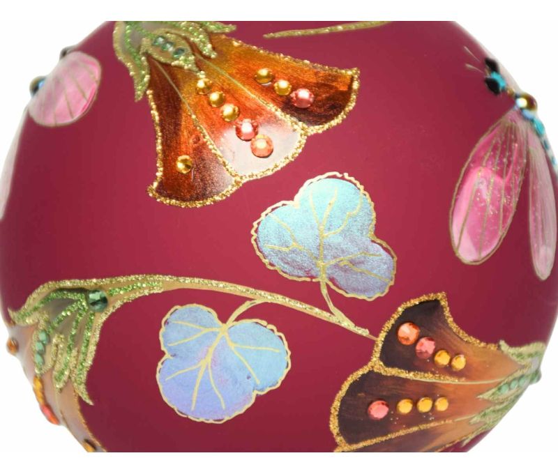 Boule Noël verre soufflé bordeaux libellule rose cristaux Preciosa fleurs orangées peinte main Ø12cm - Lilosquare
